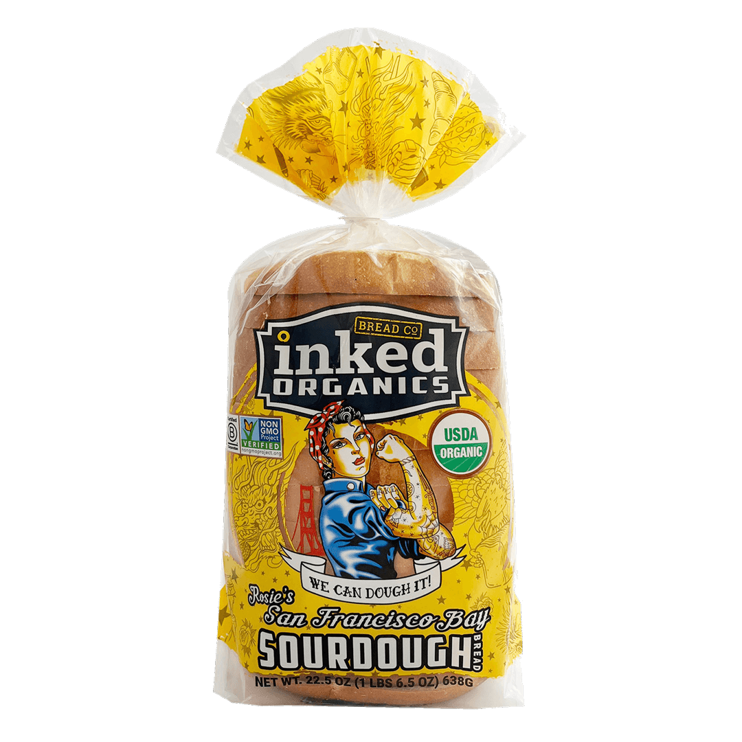 Package of Inked Bread's Organic Rosie's San Francisco Bay Sourdough bread