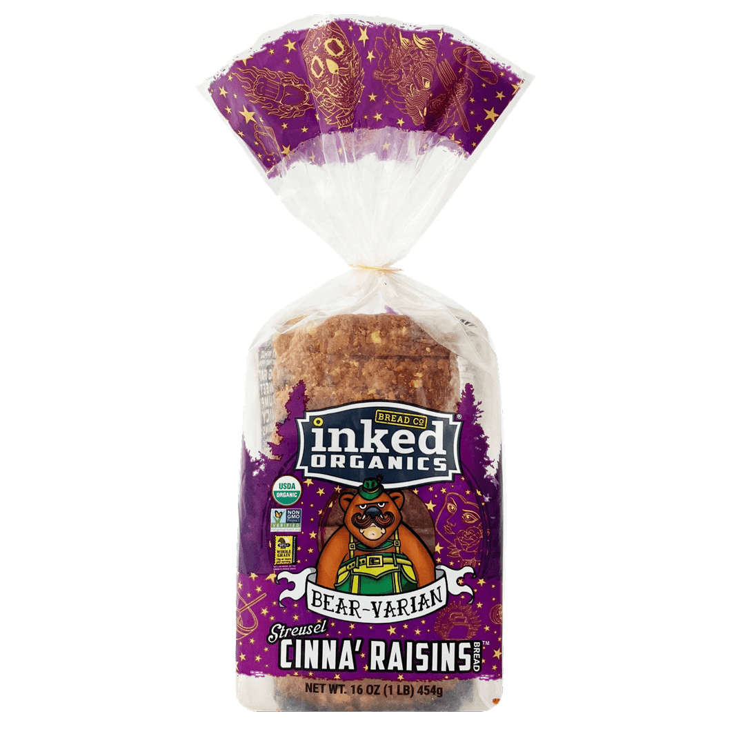 Package of Inked Bread's Organic Streusel Cinna' Raisins bread